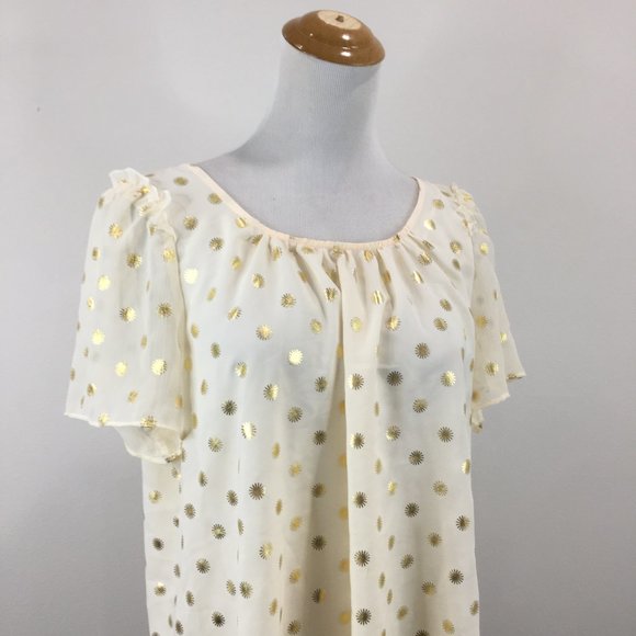 NWT LC LAUREN CONRAD Beige Gold Print Tie Back Collar Short Sleeve Shirt - Picture 5 of 11